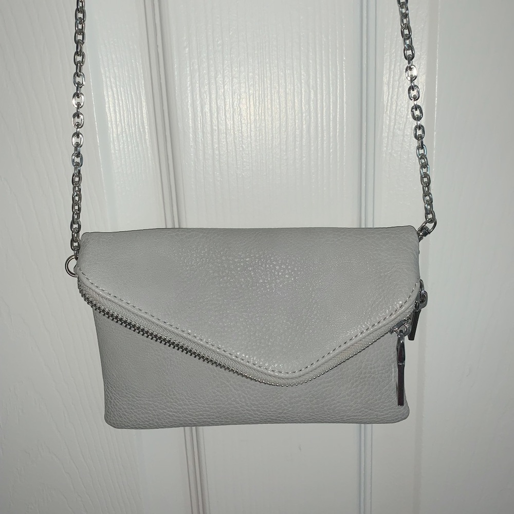 Grey leather crossbody purse with removable silver chain strap